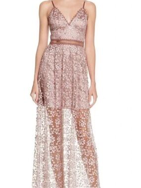 NWT Bloomingdale’s AQUA Lace Overlay Beaded Maxi Dress in Dusty Rose